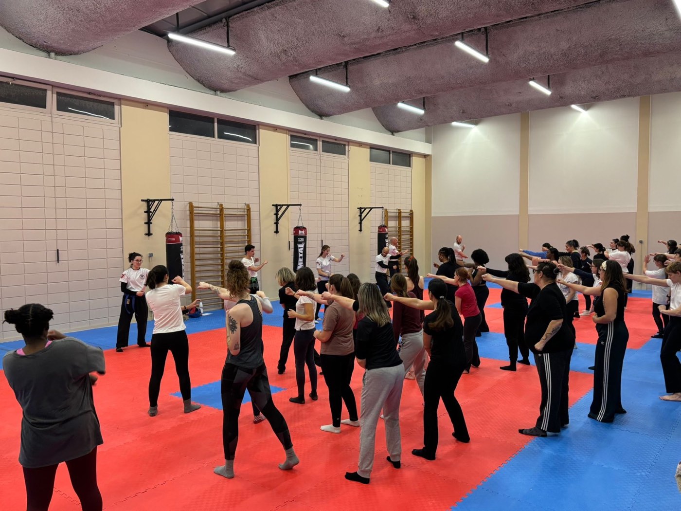 Initiation à la self-défense en gymnase avec un grand groupe